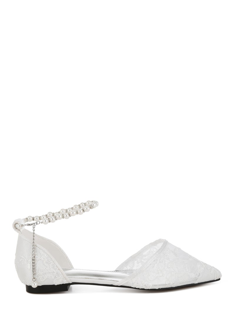 Pearl & Rhinestone Strap Flat Sandals in White