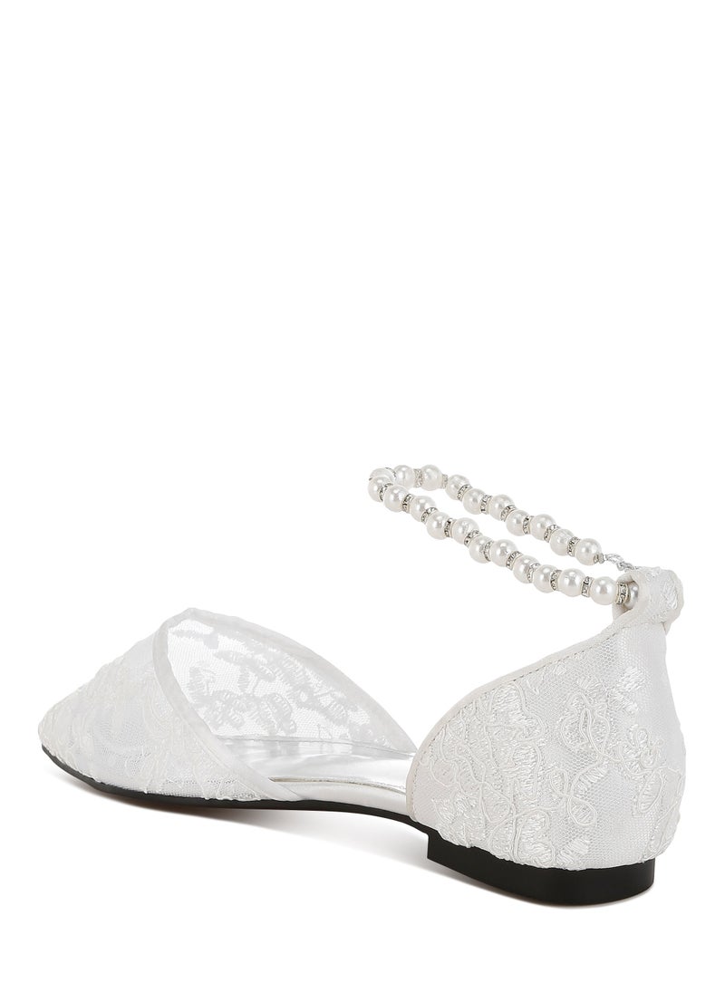 Pearl & Rhinestone Strap Flat Sandals in White