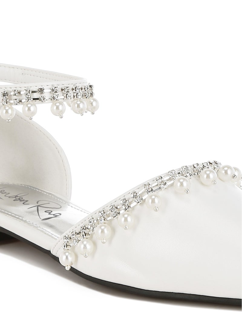 Rhinestone & Pearl Ankle Strap Flat Sandals in White