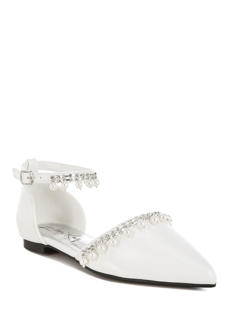 Rhinestone & Pearl Ankle Strap Flat Sandals in White