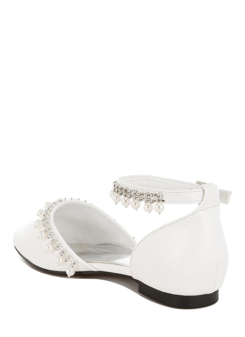 Rhinestone & Pearl Ankle Strap Flat Sandals in White