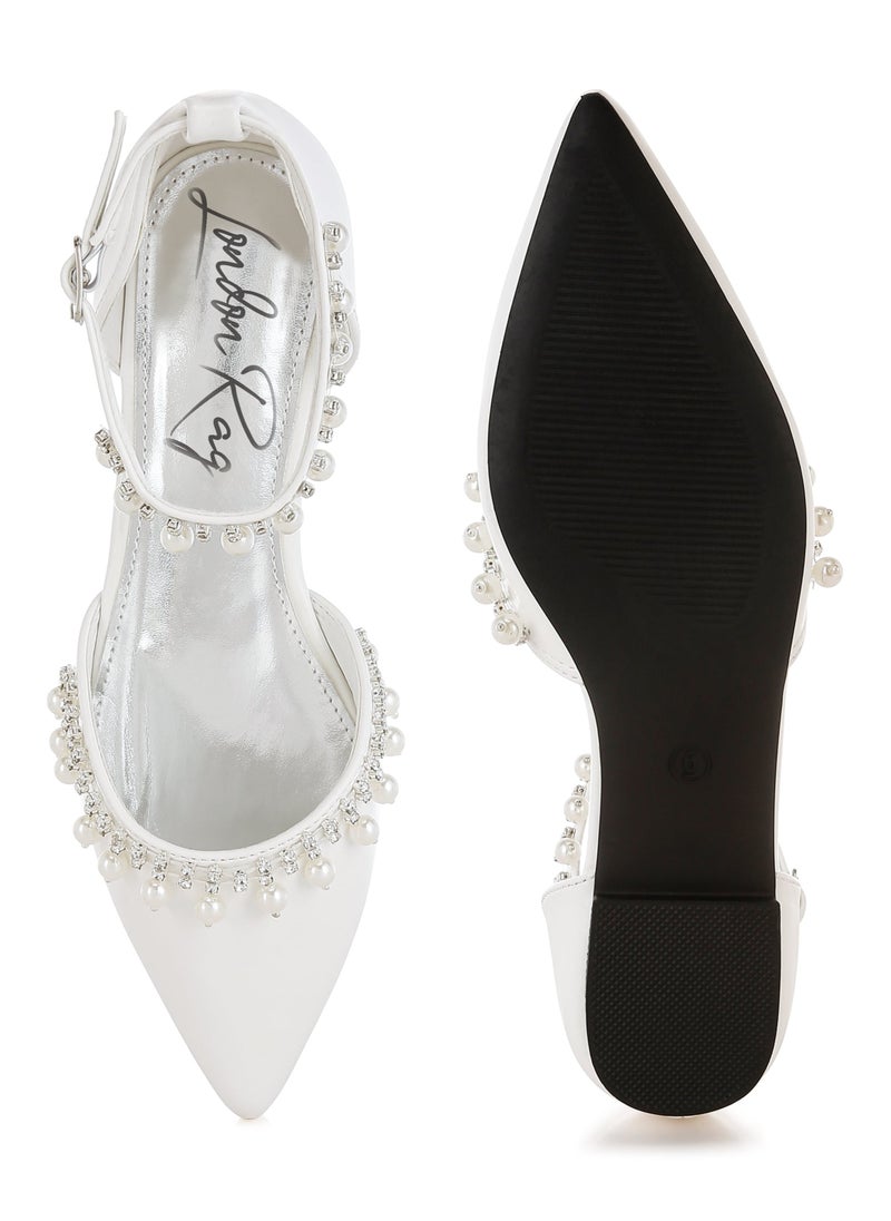 Rhinestone & Pearl Ankle Strap Flat Sandals in White