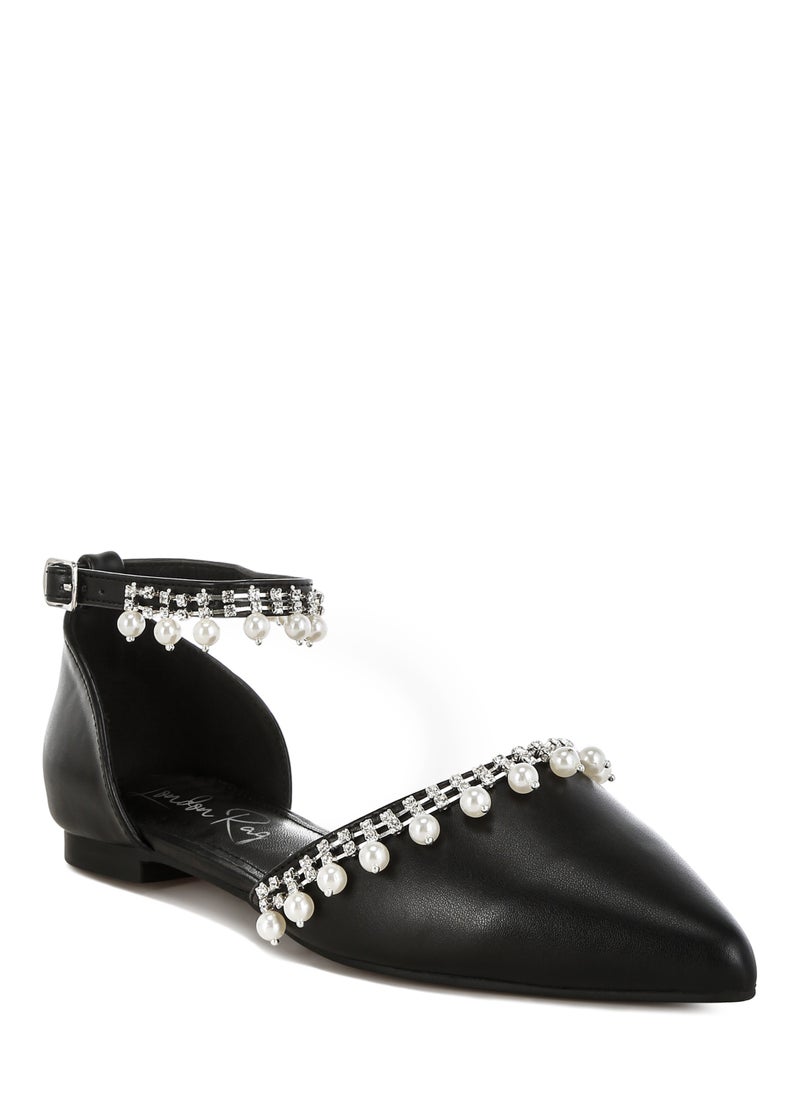 Rhinestone & Pearl Ankle Strap Flat Sandals in Black