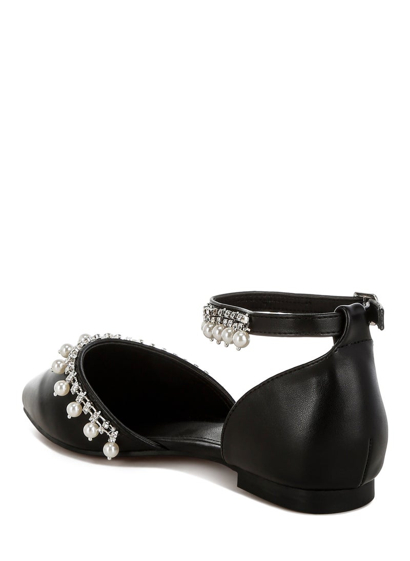 Rhinestone & Pearl Ankle Strap Flat Sandals in Black