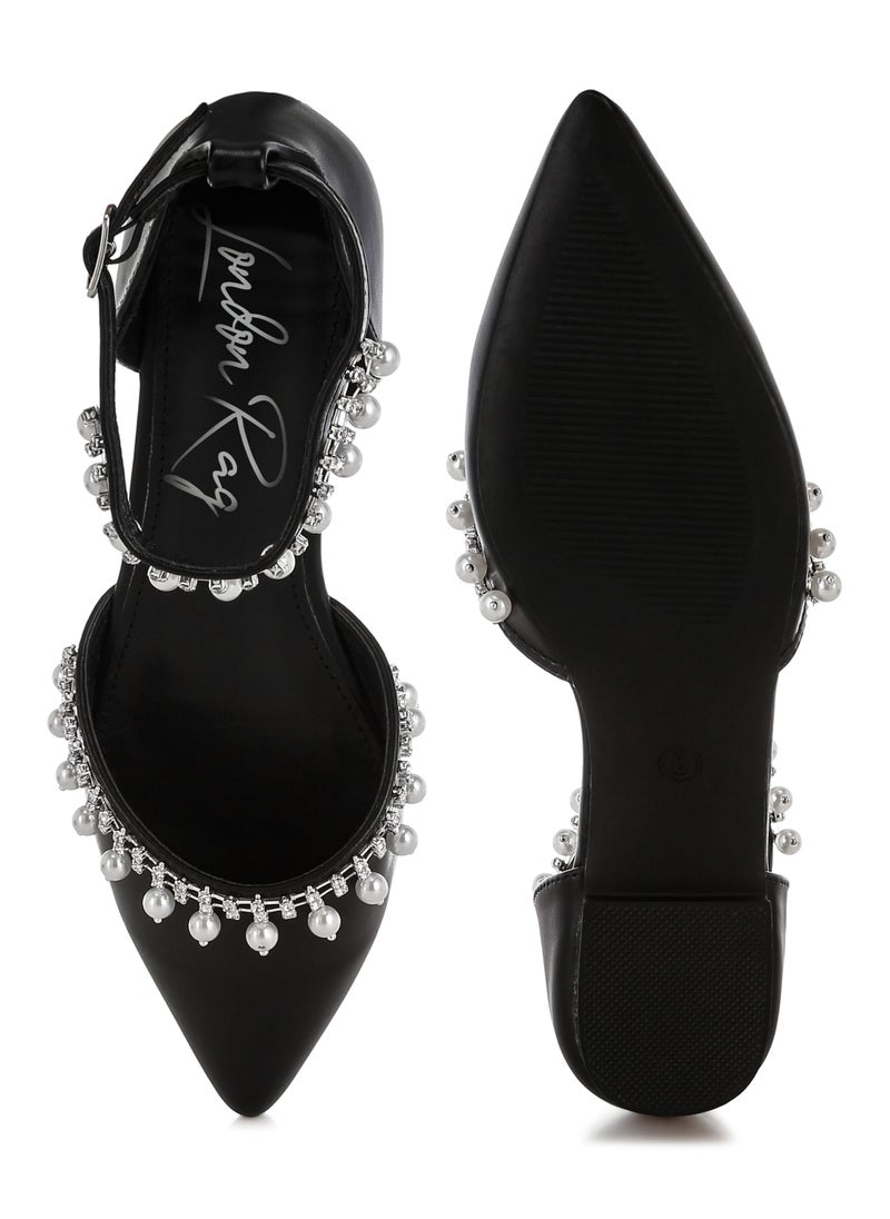 Rhinestone & Pearl Ankle Strap Flat Sandals in Black