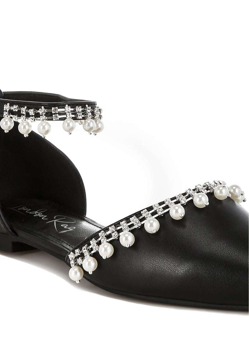 Rhinestone & Pearl Ankle Strap Flat Sandals in Black