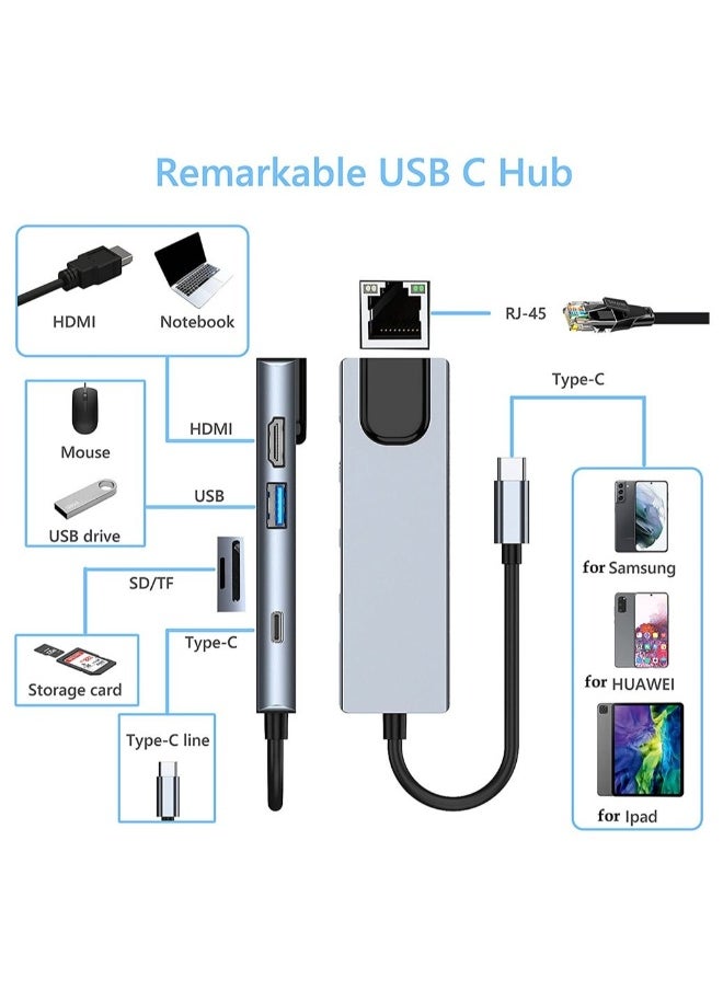 USB C Hub Type C Multiport Adapter 6 in 1 With Ethernet Port 3.0 Data Port Compatible With MacBook Pro Chromebook XPS USB C Devices