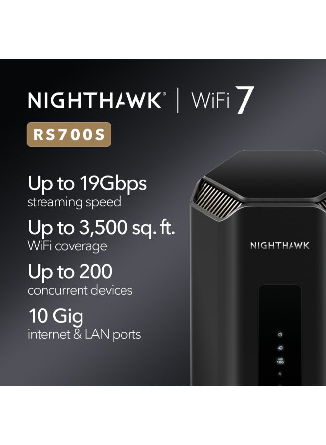 NIGHTHAWK WIFI 7 ROUTER BE19000 19GBPS WIRELESS SPEED – 10Gb Internet Port – Tri-Band Gigabit Gaming Router – Covers 3,500 sq. ft., 200 Devices – VPN, 6Ghz Band, 1–Year Armor Included Black