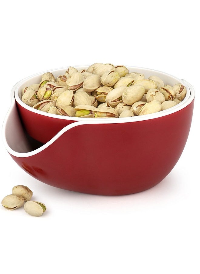 Pistachio Bowl, Snack Serving Dish, Double Peanut Bowl with Nut Seeds Shell Candy Storage, Red