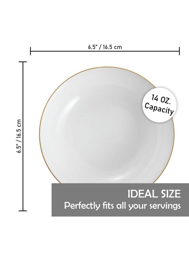 BloominGoods Disposable Plastic Soup Bowls, 50-Pack 14 Oz. Heavyweight White With Gold Rim Bowls For Party, Wedding Or Event