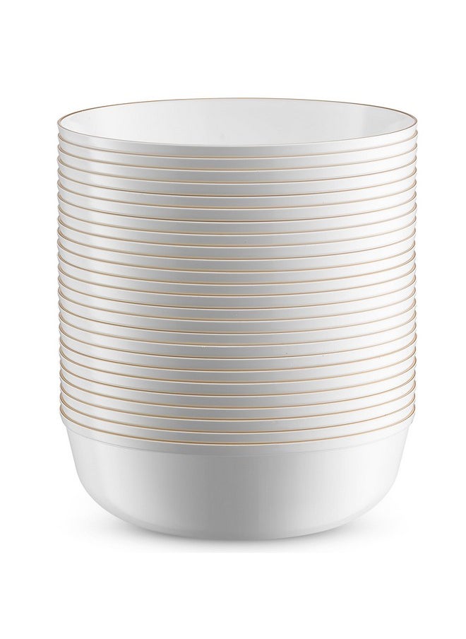 BloominGoods Disposable Plastic Soup Bowls, 50-Pack 14 Oz. Heavyweight White With Gold Rim Bowls For Party, Wedding Or Event