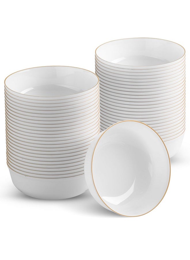 BloominGoods Disposable Plastic Soup Bowls, 50-Pack 14 Oz. Heavyweight White With Gold Rim Bowls For Party, Wedding Or Event
