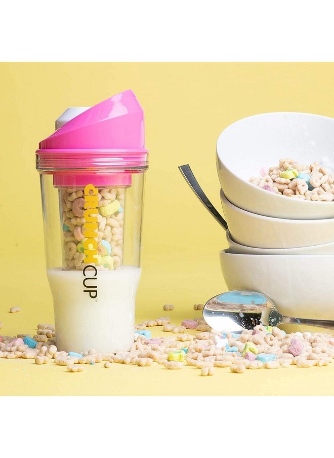CRUNCHCUP XL Pink - Portable Plastic Cereal Cups for Breakfast On the Go, To Go Cereal and Milk Container for your favorite Breakfast Cereals, No Spoon or Bowl Required