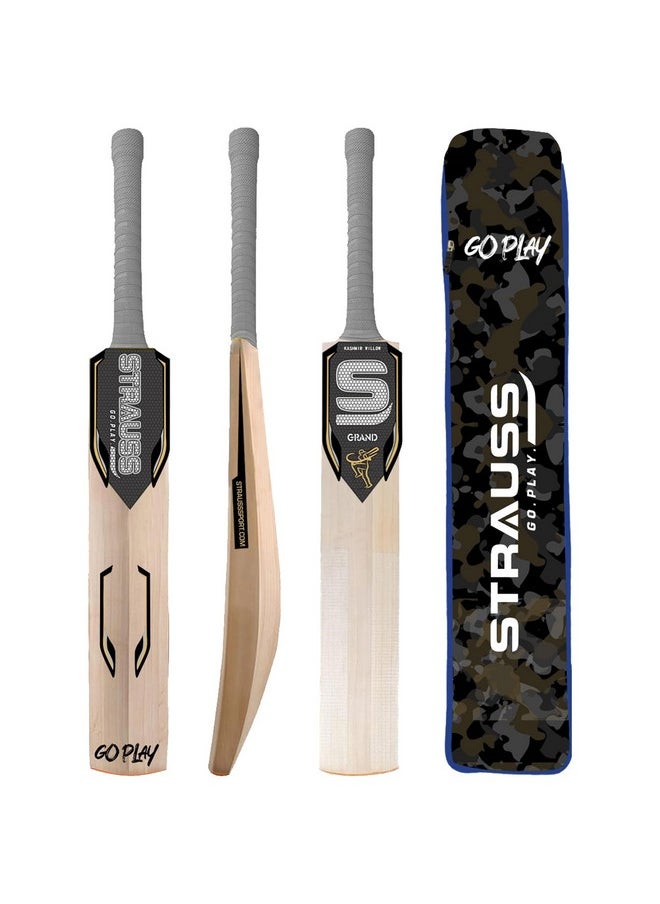 STRAUSS Grand Kashmir Willow Cricket Bat | Size: Short Handle (SH) | Suitable for Leather/Tennis Ball | Age Group 13+ yrs | for Youth/Adults | Anti Scuff Sheet & Bat Cover | Grey | (1050-1200 Grams)