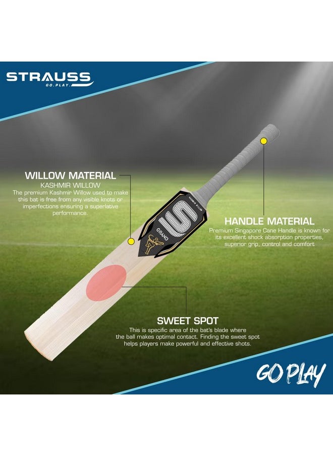 STRAUSS Grand Kashmir Willow Cricket Bat | Size: Short Handle (SH) | Suitable for Leather/Tennis Ball | Age Group 13+ yrs | for Youth/Adults | Anti Scuff Sheet & Bat Cover | Grey | (1050-1200 Grams)