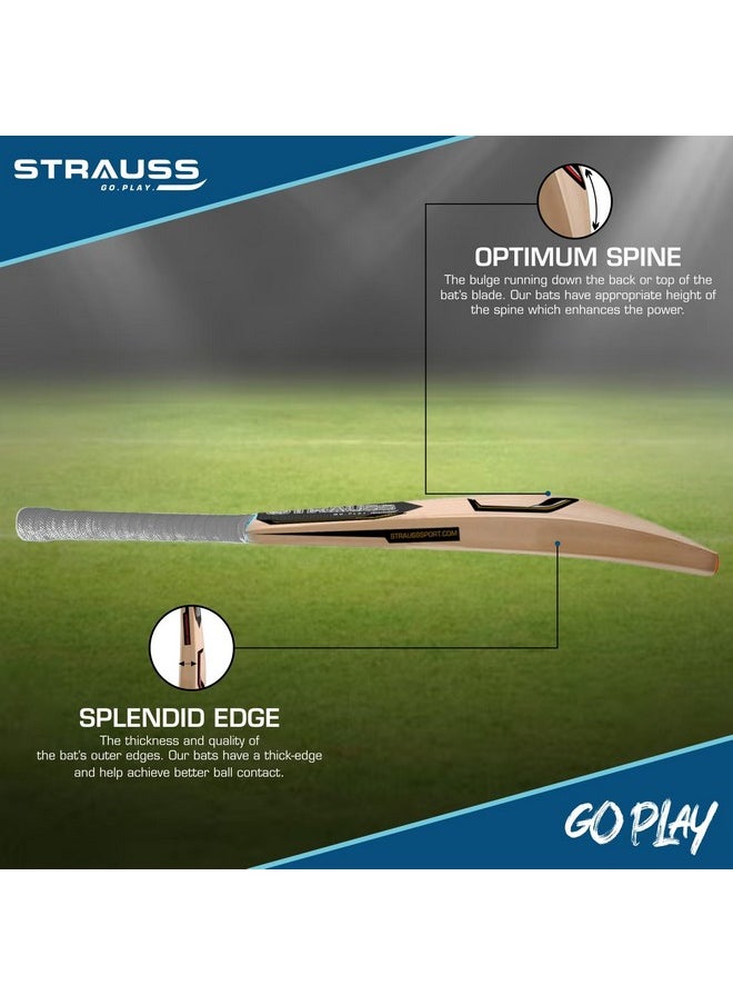 STRAUSS Grand Kashmir Willow Cricket Bat | Size: Short Handle (SH) | Suitable for Leather/Tennis Ball | Age Group 13+ yrs | for Youth/Adults | Anti Scuff Sheet & Bat Cover | Grey | (1050-1200 Grams)