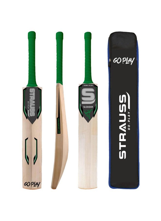 Strauss Slogger Cricket Bat | Kashmir Willow | Cricket Bat with Grip for Gully Cricket & Tournament Match | Standard Tennis Ball Bat for Cricket | Size: Short Handle (1150-1250 Grams)