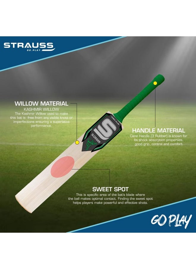 Strauss Slogger Cricket Bat | Kashmir Willow | Cricket Bat with Grip for Gully Cricket & Tournament Match | Standard Tennis Ball Bat for Cricket | Size: Short Handle (1150-1250 Grams)