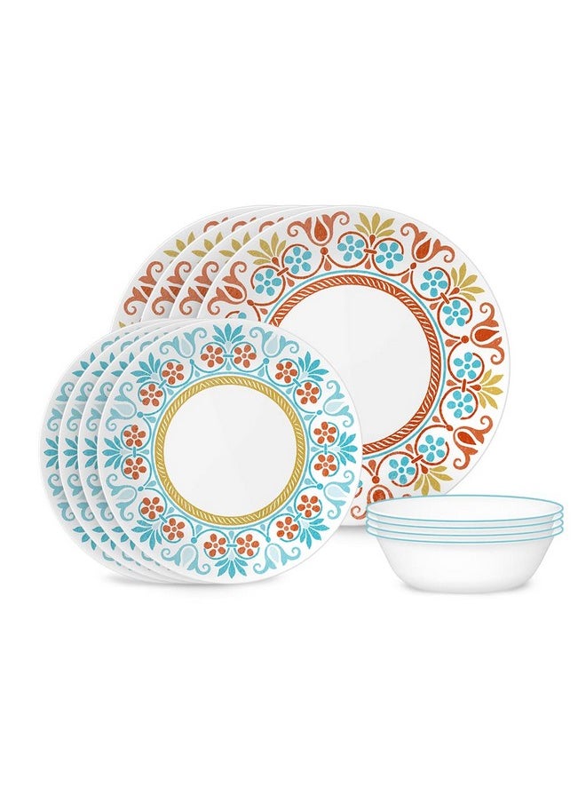 Corelle Global Collection Vitrelle 12-Piece Dinnerware Set, Triple Layer Recycled Glass, Lightweight Eco-Friendly Round Plates and Bowls Set, Terracotta Dreams