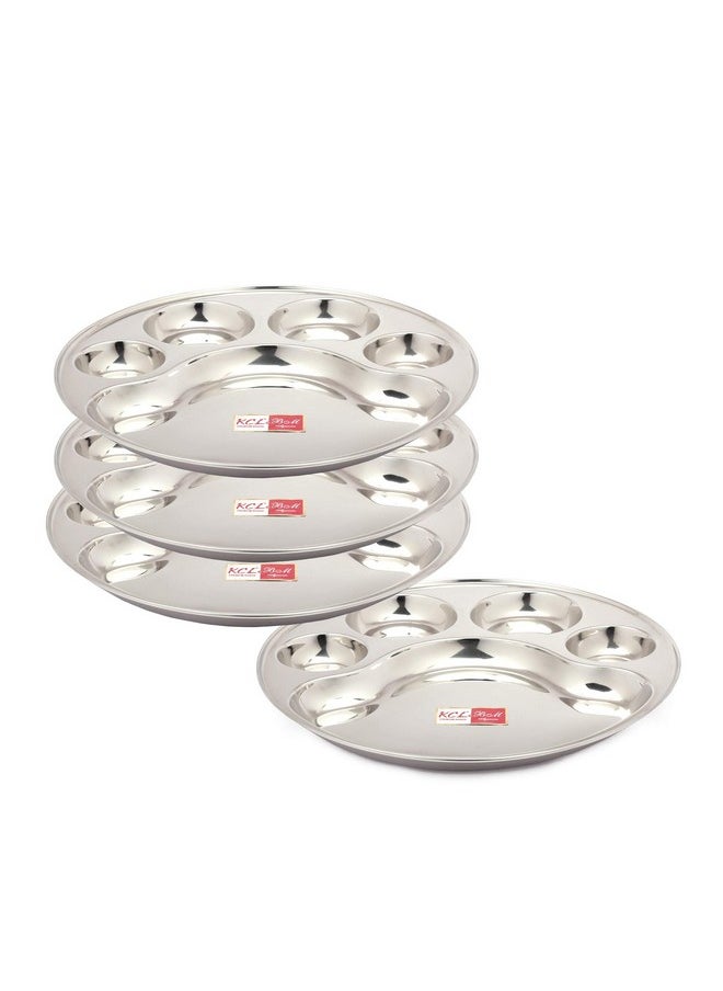 KCL Stainless Steel (Heavy Guage) Round Plate - 4 Partition Divided, Lunch/Dinner/Bhojan/Thali Plates - 4 Unit - Diameter - 12 Inches Each