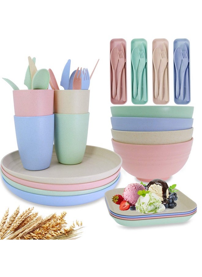 Unbreakable Wheat Straw Dinnerware Sets of 4, Farielyn-X Lightweight Bowls with Plates, Cups, Knives, Forks and Spoons for Camping Picnic, Dishwasher Microwave Safe Plates and Bowls sets, Kids & Adult