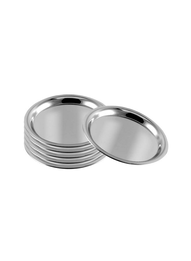 Kraft Stainless Steel Round Plate Set of 6 (20cm Dia) | Classic Design Thali Set | Mirror Finish, Food Grade | Steel Serving Plate for Dinner| 2 Year Warranty - Silver