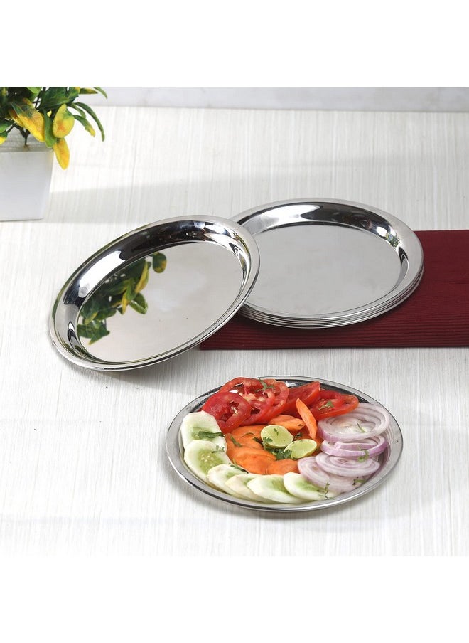 Kraft Stainless Steel Round Plate Set of 6 (20cm Dia) | Classic Design Thali Set | Mirror Finish, Food Grade | Steel Serving Plate for Dinner| 2 Year Warranty - Silver