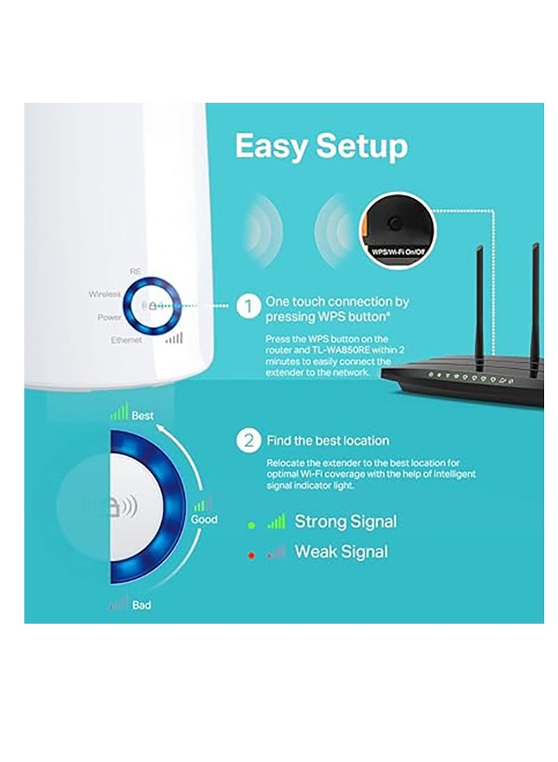 Universal Wireless 300MbpsTL-WA850RE Wi-Fi Range Expand Extender Booster Frequency Signal Indicator Designed To Conveniently Home & Business White