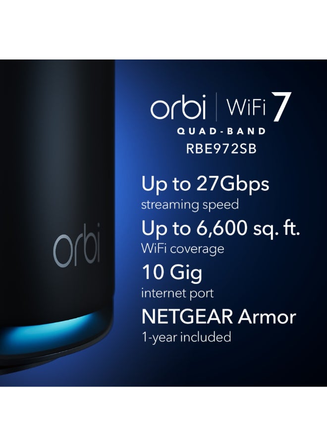 ORBI 970 SERIES QUAD-BAND WIFI 7 MESH NETWORK SYSTEM, Router + 1 Satellite Extender, Covers Up to 6,600 sq. ft., 200 Devices, 10 Gig Internet Port, BE27000 802.11be (Up to 27Gbps) – 2 PACK Black