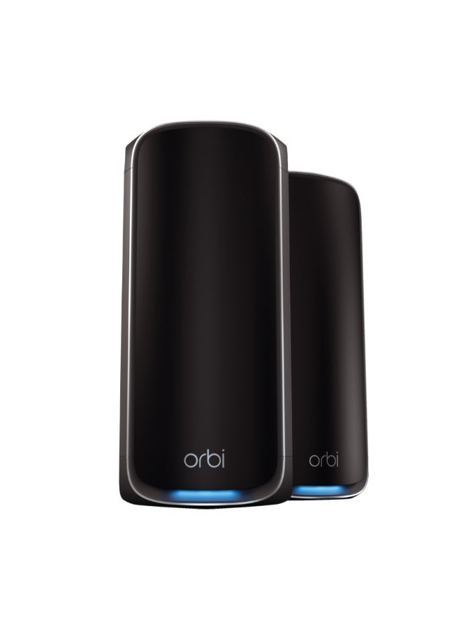 ORBI 970 SERIES QUAD-BAND WIFI 7 MESH NETWORK SYSTEM, Router + 1 Satellite Extender, Covers Up to 6,600 sq. ft., 200 Devices, 10 Gig Internet Port, BE27000 802.11be (Up to 27Gbps) – 2 PACK Black