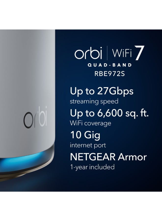 ORBI 970 SERIES QUAD-BAND WIFI 7 MESH NETWORK SYSTEM, Router + 1 Satellite Extender, Covers Up to 6,600 sq. ft., 200 Devices, 10 Gig Internet Port, BE27000 802.11be (Up to 27Gbps) – 2 PACK White