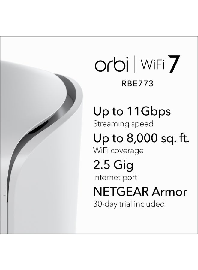 ORBI 770 SERIES TRI-BAND WIFI 7 MESH SYSTEM - Router + 2 Satellite Extenders - Covers up to 8,000 sq. ft., 100 Devices - 2.5 Gig Internet Port - BE11000 802.11be (up to 11Gbps) – 3 PACK White