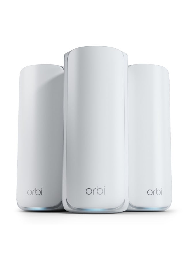 ORBI 770 SERIES TRI-BAND WIFI 7 MESH SYSTEM - Router + 2 Satellite Extenders - Covers up to 8,000 sq. ft., 100 Devices - 2.5 Gig Internet Port - BE11000 802.11be (up to 11Gbps) – 3 PACK White