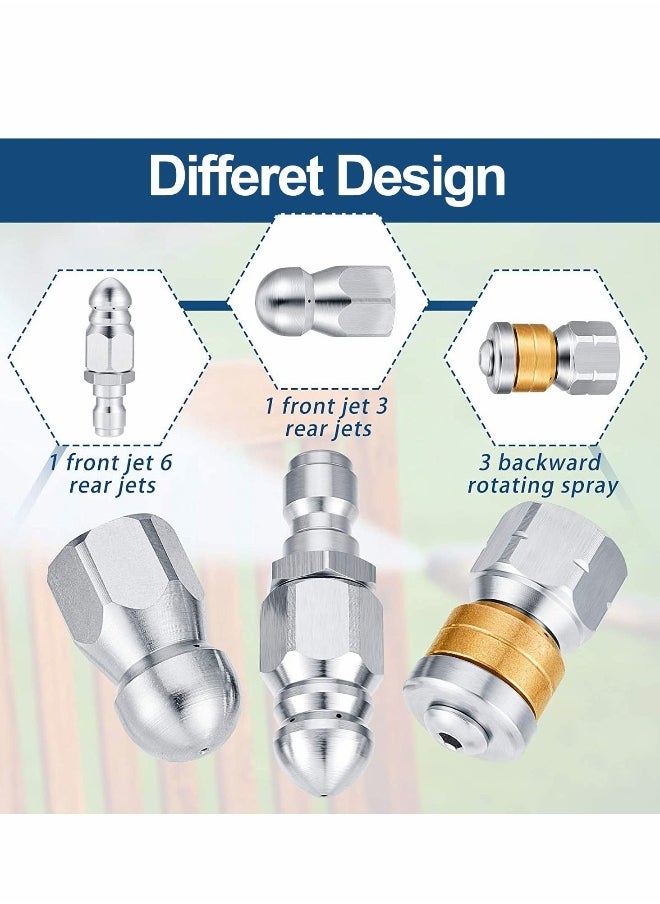 Sewer Jetter Nozzles Kit, Rotating Button Nose Jetting Nozzle Stainless Steel Fixed Jetting Nozzle Replacement Kit with Different Model for 1/4 Inch Pressure Washer Accessories up to 5000 PSI