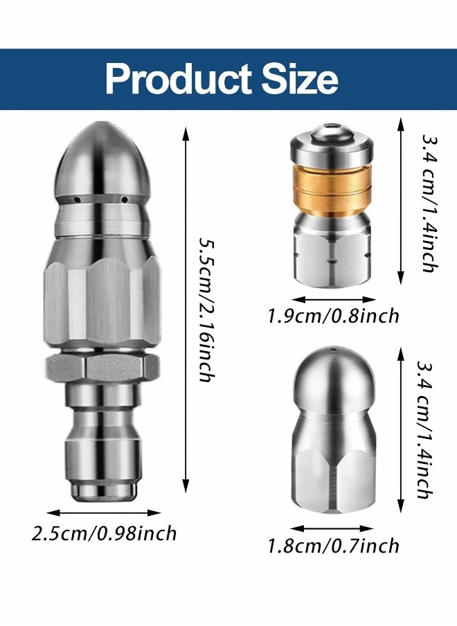 Sewer Jetter Nozzles Kit, Rotating Button Nose Jetting Nozzle Stainless Steel Fixed Jetting Nozzle Replacement Kit with Different Model for 1/4 Inch Pressure Washer Accessories up to 5000 PSI