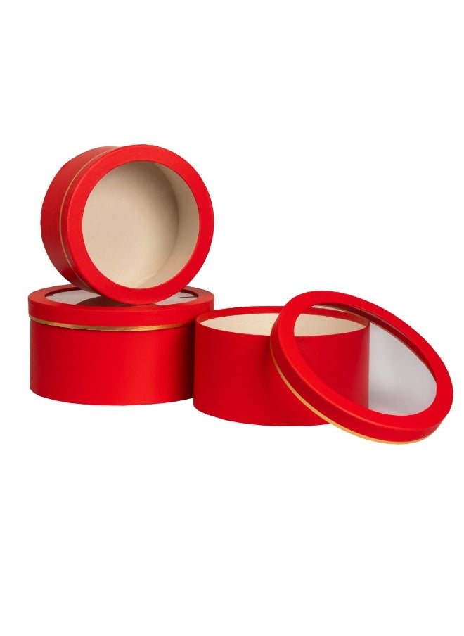 Gulf Flowers 3pcs Red Round Flower Gift Box with Transparent Window – 24x12cm, 23x11cm, 20.4x10cm – Luxury Packaging for Bouquets, Chocolates, Gifts & Decorative Arrangements