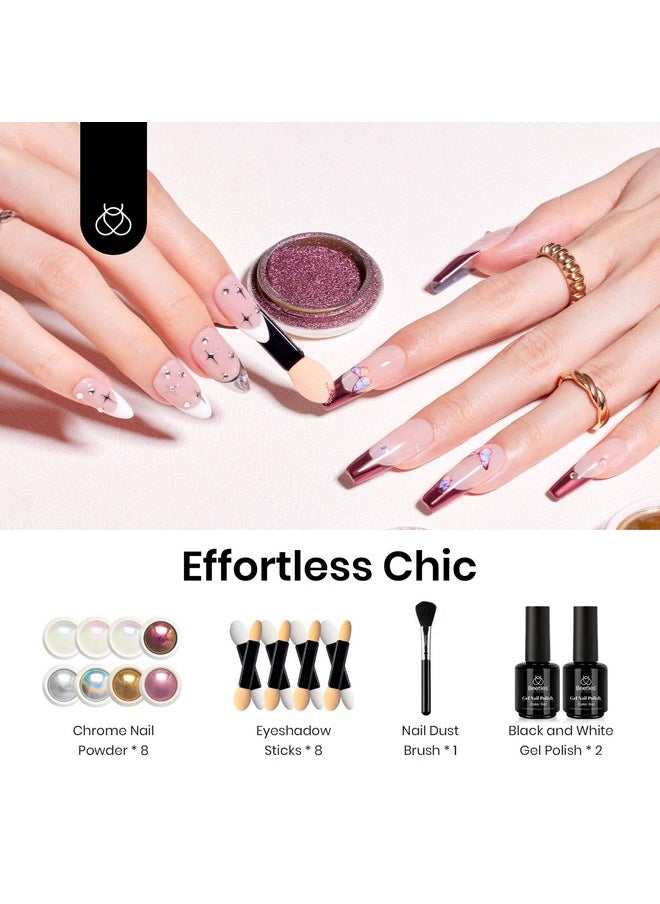 Beetles Metallic Chrome Nail Powder Kit Black White Colors Gel Polish Mirror Effect Holographic Metallic Nail Polish Chrome Manicure Art Decoration Glitter Nail Powder 8 Colors 1g or 0.5g/Jar