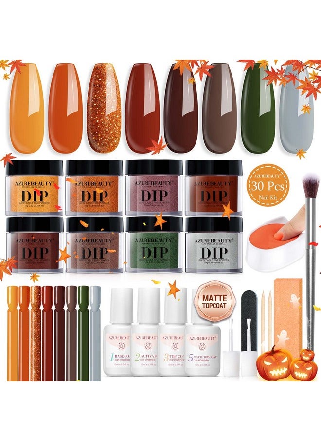 AZUREBEAUTY Dip Nails Powder Starter Kit, Maple Grey Sage Green Dark 8 Colors Set with Nail Sticks, Fall Nail Art Base Glossy/Matte Top Coat Activator Essential Liquid Manicure DIY Salon 30 PCS