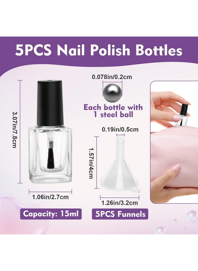 AHIER Empty Nail Polish Clear Bottles with Brush Cap Funnel and Mixing Ball (15ml 5p)