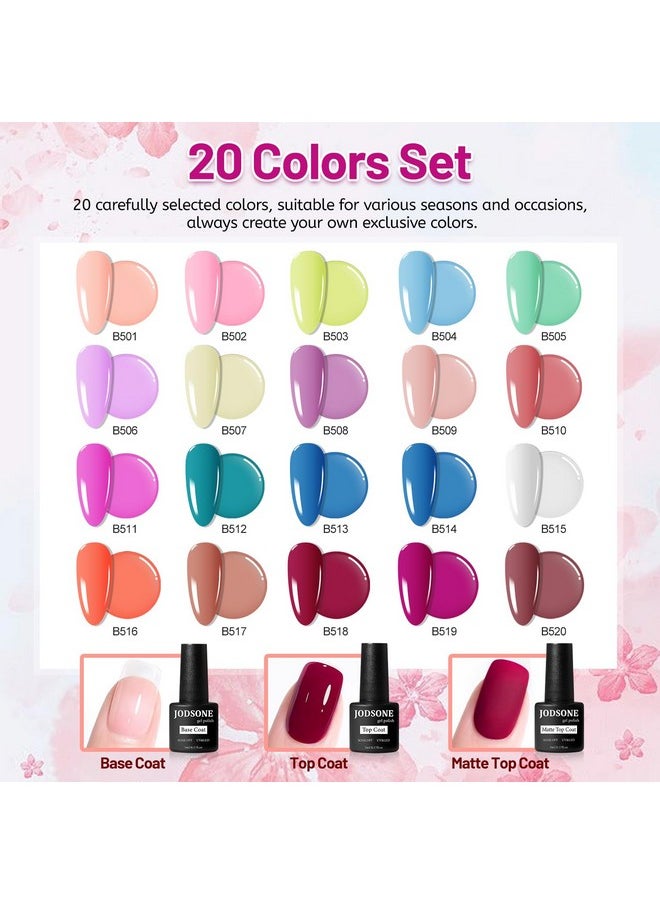 JODSONE 20 Color Vibrant and High Shine Gel Nail Polish Kit with 3 PCS Base Coat and Matte and Glossy Top Coat