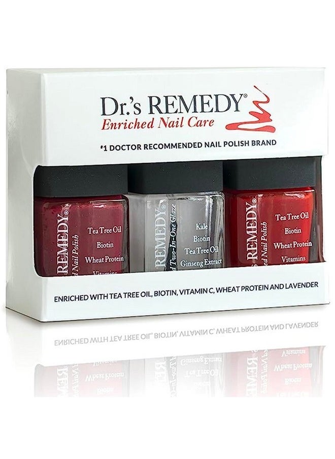 Dr’s Remedy 3 Pack Nail Polish Kit, TOTAL Two-in-One Glaze/BALANCE Brick Red/REMEDY Red - Non Toxic and Organic All Natural Enriched Nail Strengthener