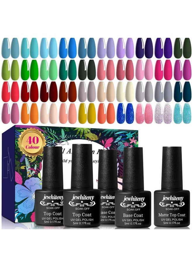 JEWHITENY 45 Pcs Gel Nail Polish Kit, Soak off Nail Lamp Gel Polish Starter Kit with 2pcs Glossy & Matte Top Coat and 2pcs Base Coat Gifts for Women