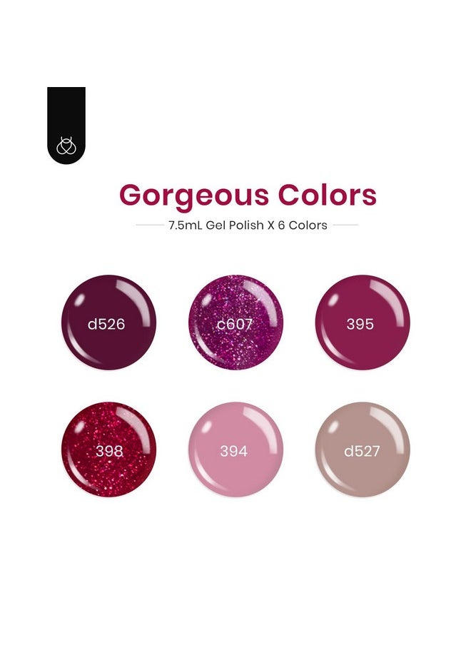 Beetles Gel Nail Polish, 6 Colors Red Burgundy Red Glitter Pink Purple Glitter Gel Polish Berry Merlot Collection Soak off Uv LED Cured Nail Art Design Salon Home Gift for Girls Women