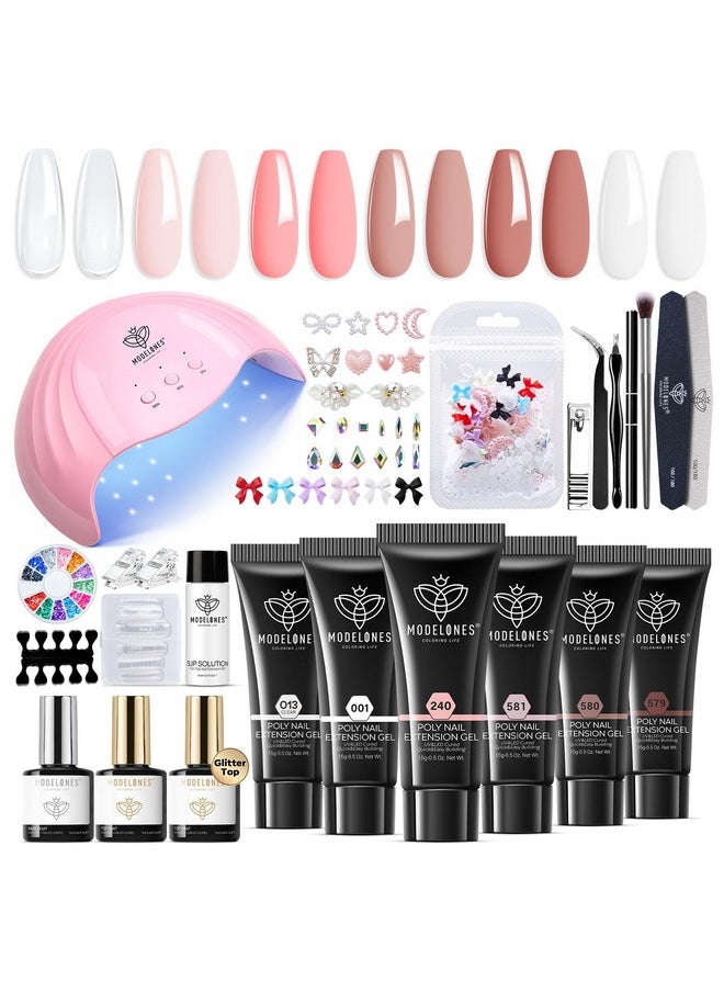 Modelones Poly Extension Gel Nail Kit, 6 Colors Pink Nude with 48W Nail Lamp Slip Solution 3D Bow Nail Charms Decoration Rhinestone Glitter Kit for Nail Manicure Beginner Starter Kit DIY at Home