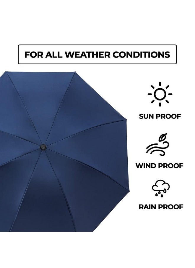 Kuber Industries 3 Fold Manual Umbrella | Windproof, Sunproof & Rainproof | with Polyester Canopy, Sturdy Steel Shaft & Wrist Straps | Easy to Hold & Carry | Umbrella for Women, Men & Kids |Blue