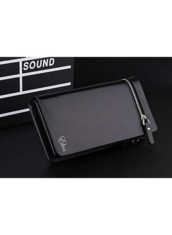Elios Long Black PU Leather Wallet for Women (Black)