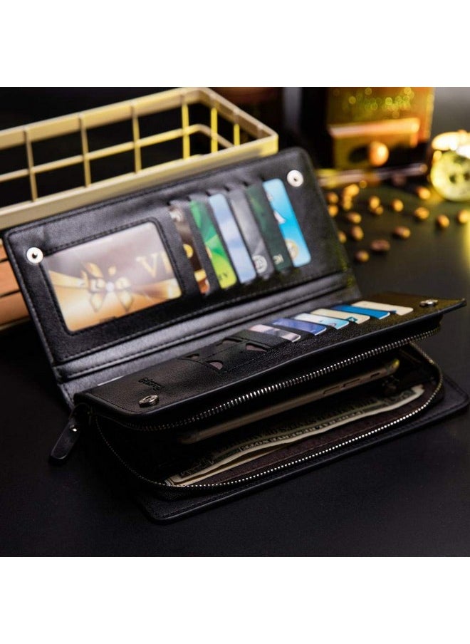Elios Long Black PU Leather Wallet for Women (Black)