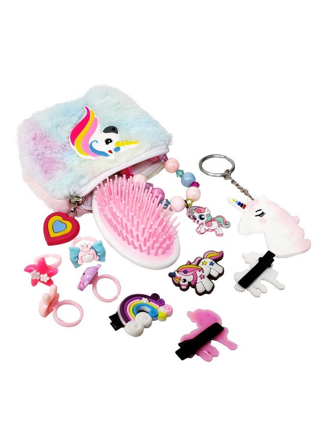 Combo Unicorn Fer Pouch For Girls With 4 Hair Clips, 4 Rings, 1 Bracelet, 1 Keychain And 1 Comb, Return Gift For Kids, Gift Pack (Pack Of 6 Items)