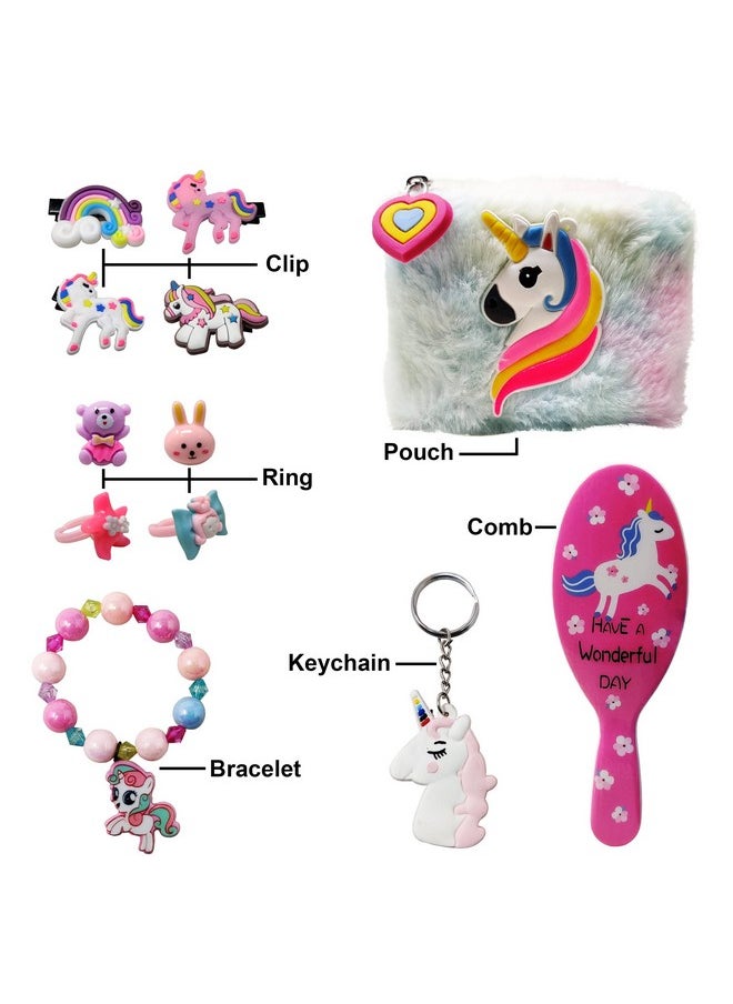 Combo Unicorn Fer Pouch For Girls With 4 Hair Clips, 4 Rings, 1 Bracelet, 1 Keychain And 1 Comb, Return Gift For Kids, Gift Pack (Pack Of 6 Items)
