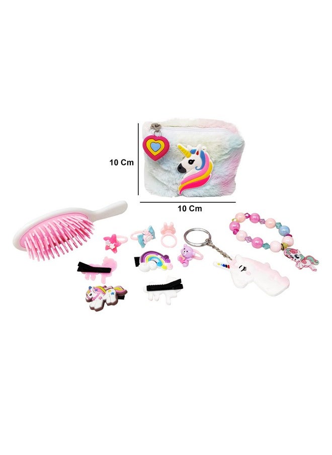 Combo Unicorn Fer Pouch For Girls With 4 Hair Clips, 4 Rings, 1 Bracelet, 1 Keychain And 1 Comb, Return Gift For Kids, Gift Pack (Pack Of 6 Items)